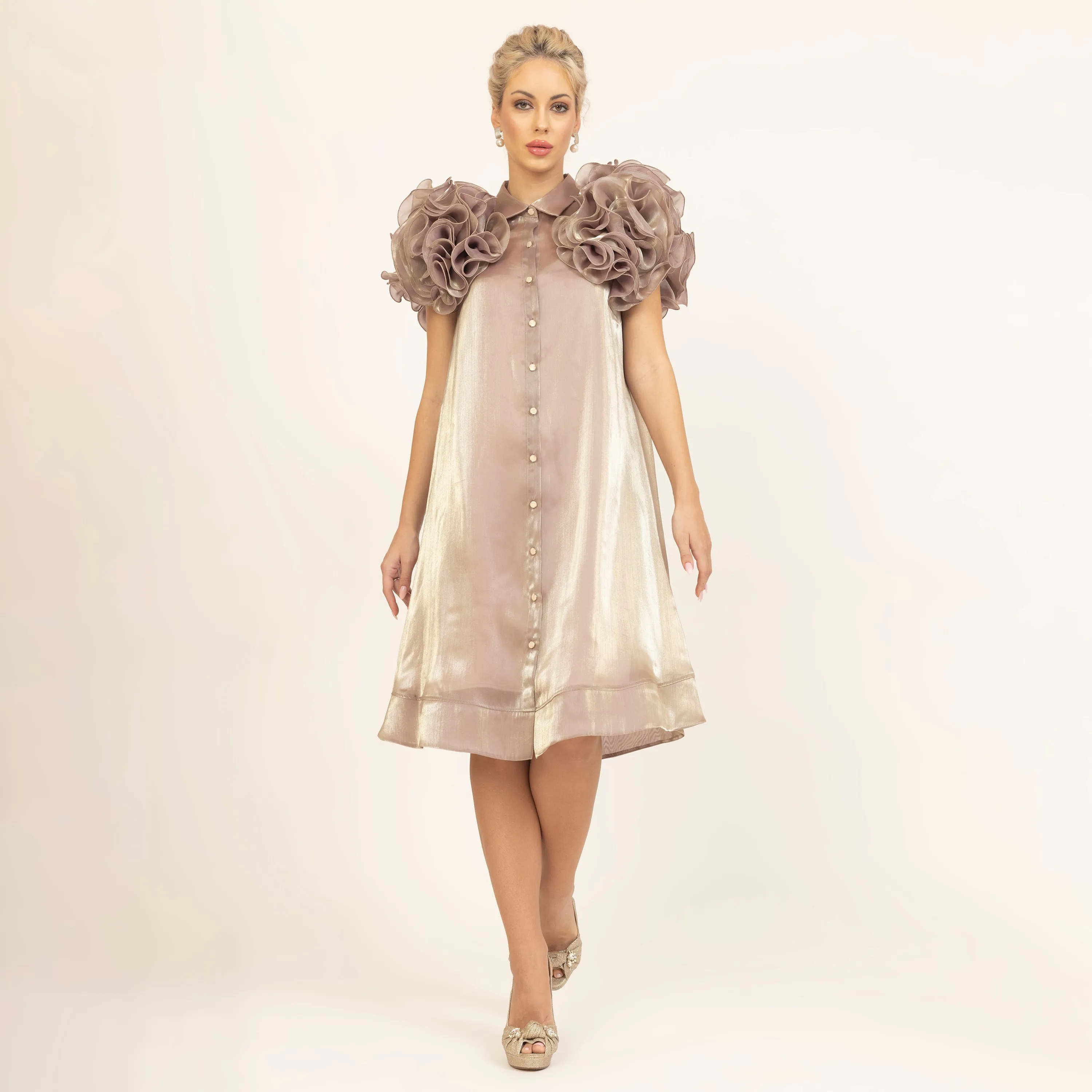 Beige Flower Satin Organza Jacket With Speghetti
