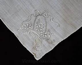 Embroidered 40s Handkerchief - Sheer Fine White Cotton with Bride's Basket Embroidery - Pretty 1940s 50s Hope Chest Linen - 12 Inches Square