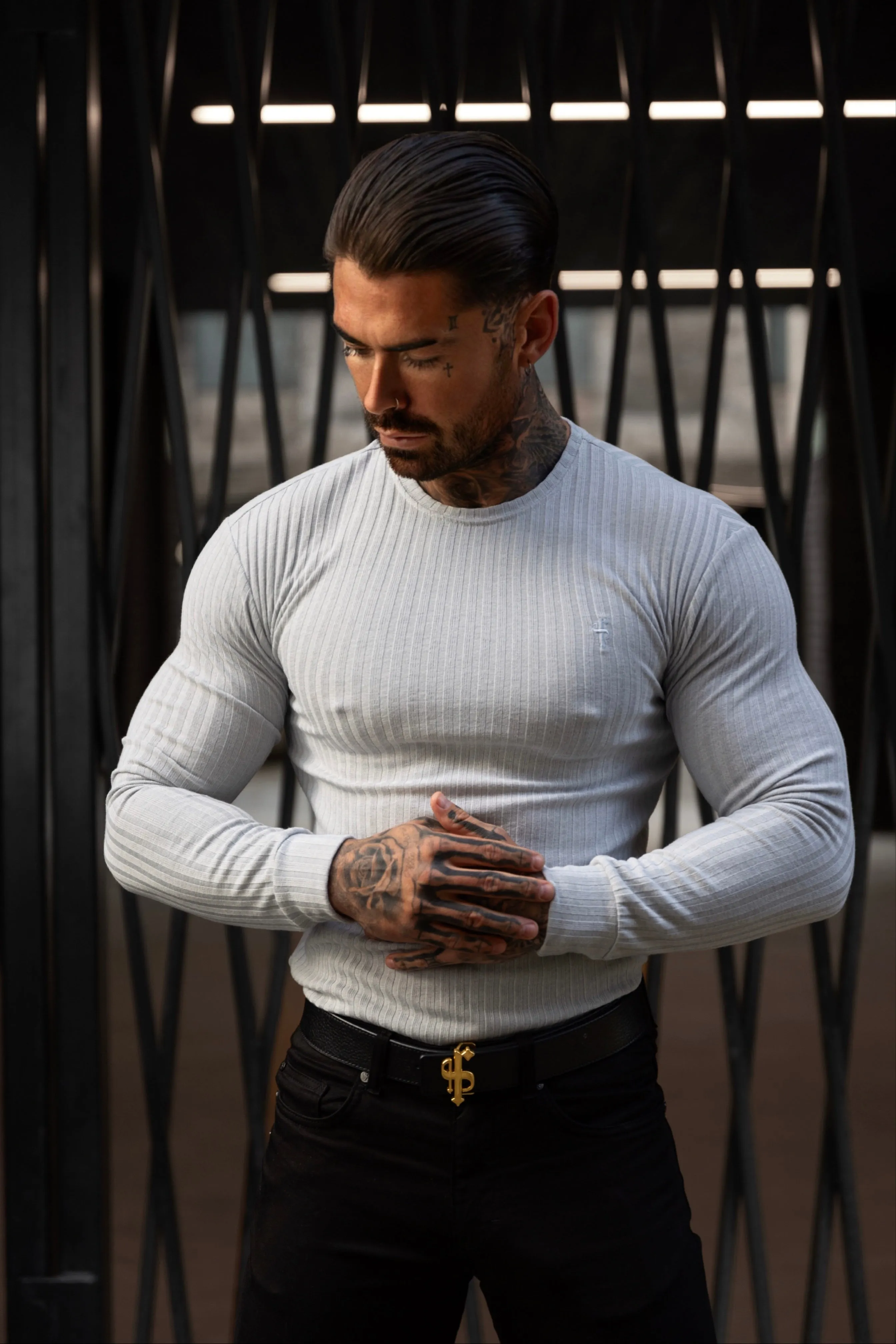 Father Sons Classic Light Grey Ribbed Knit Sweater With Tonal Embroidery - FSH948