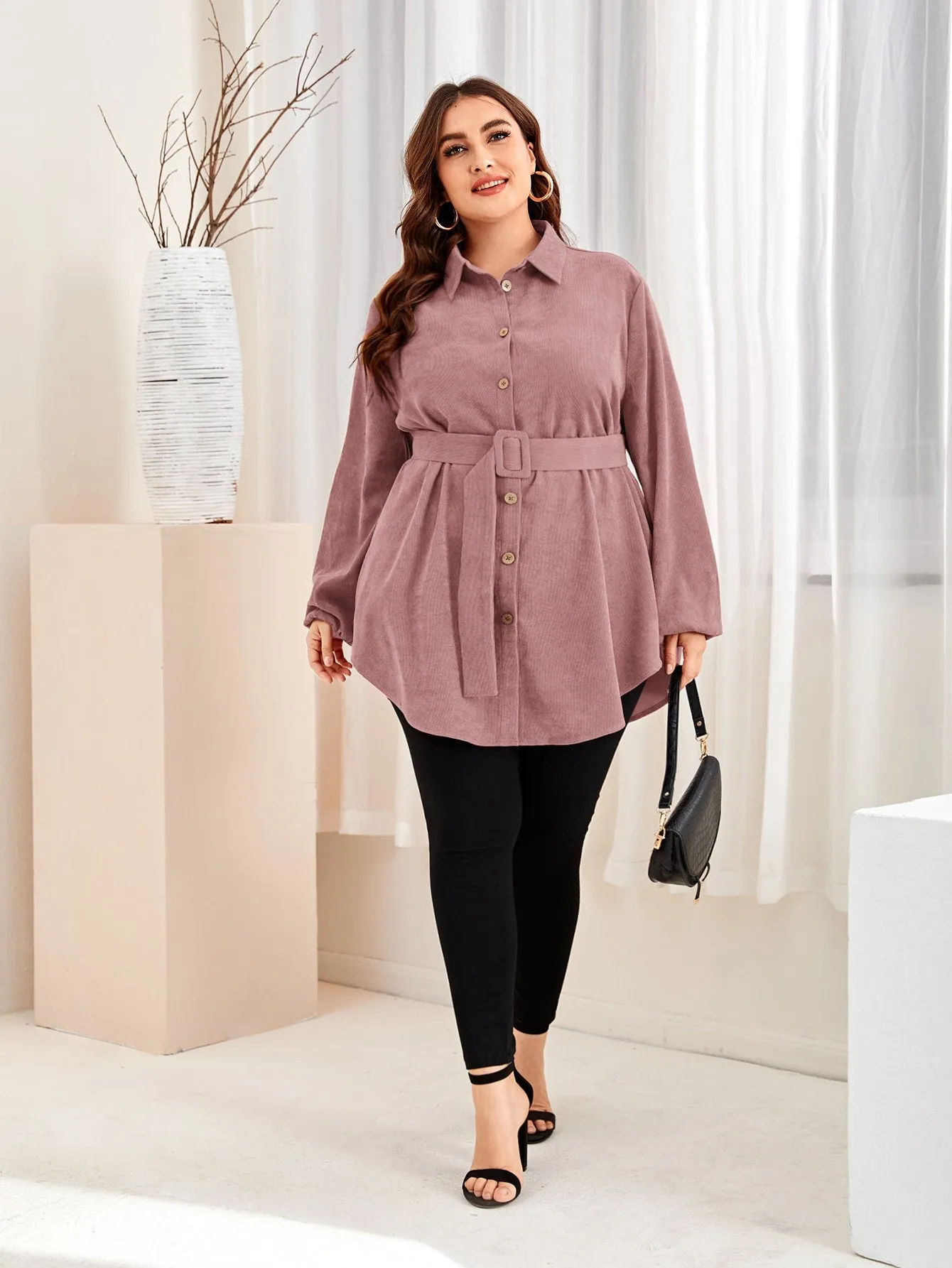Plain Button Front Long Sleeve Collar Slit Long Plus Size Blouse