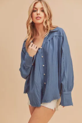 Raw Hem Button-Down Raglan Sleeve Relaxed Shirt in Blue