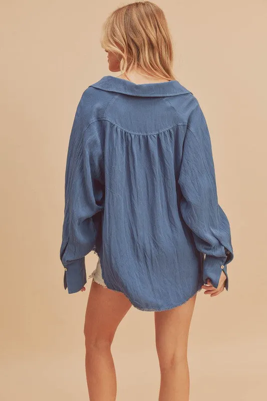 Raw Hem Button-Down Raglan Sleeve Relaxed Shirt in Blue