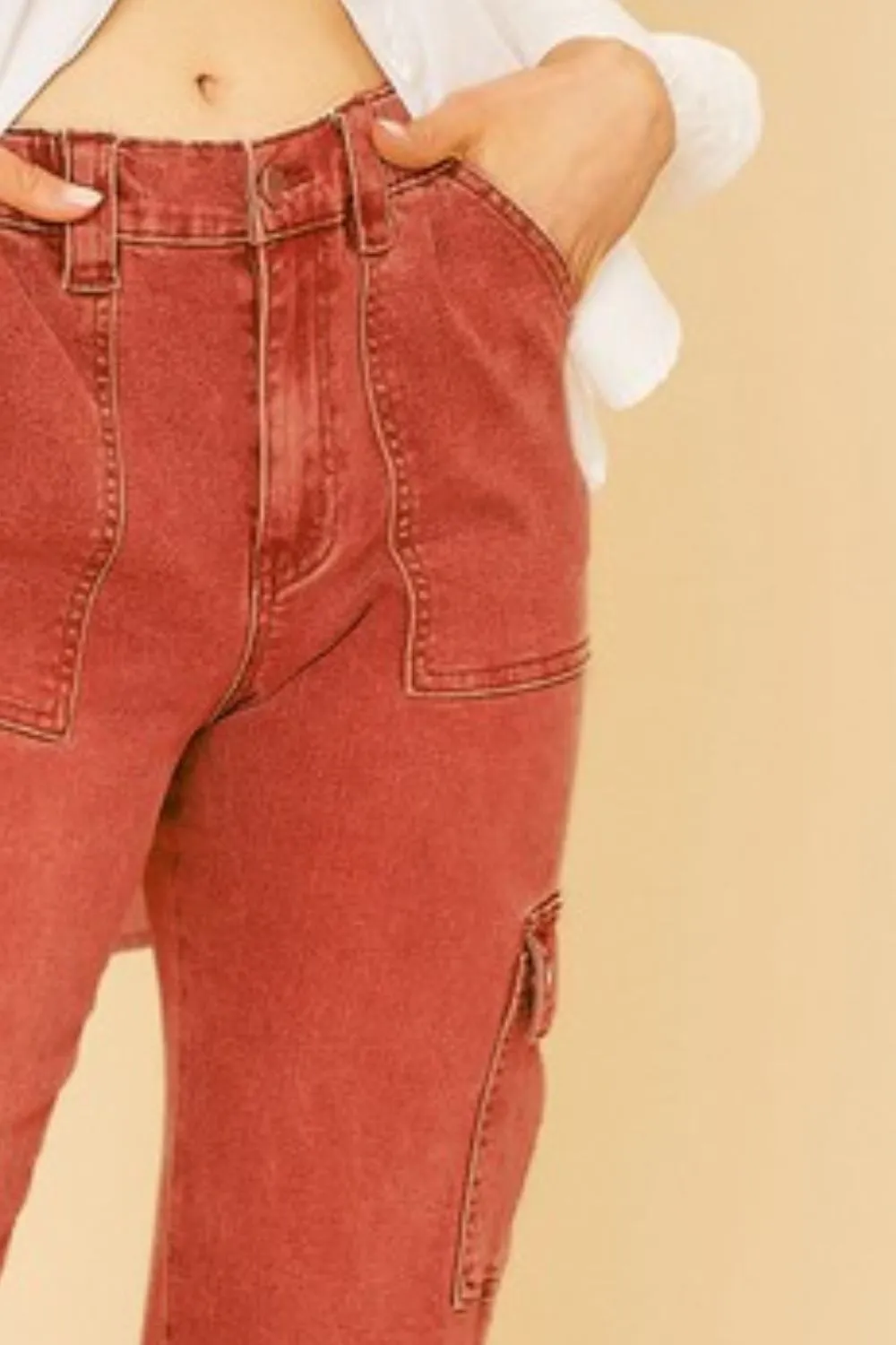 Rust Red Straight Leg Cargo Jeans – Utility-Inspired Denim with Functional Pockets