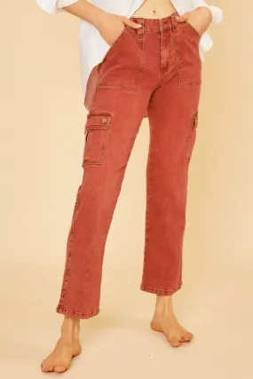 Rust Red Straight Leg Cargo Jeans – Utility-Inspired Denim with Functional Pockets