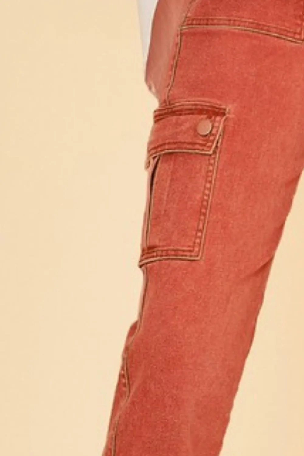 Rust Red Straight Leg Cargo Jeans – Utility-Inspired Denim with Functional Pockets