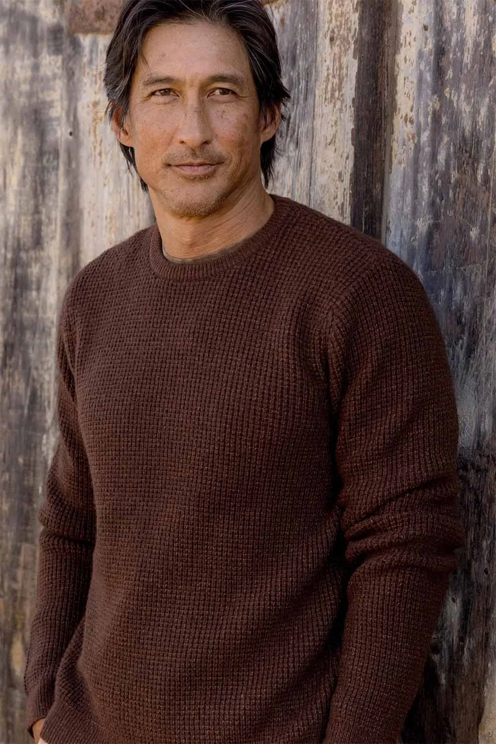 WAFFLE STITCH CREW SWEATER Brown