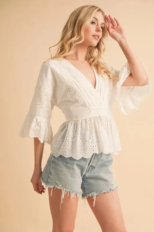 White Eyelet Flounce Sleeve Peplum Top – Feminine Cotton Blouse
