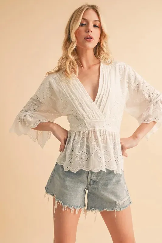 White Eyelet Flounce Sleeve Peplum Top – Feminine Cotton Blouse