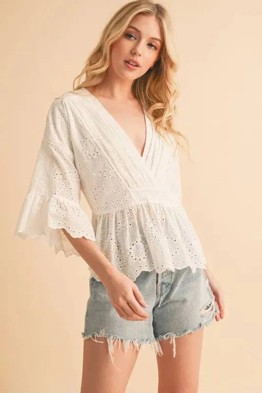 White Eyelet Flounce Sleeve Peplum Top – Feminine Cotton Blouse