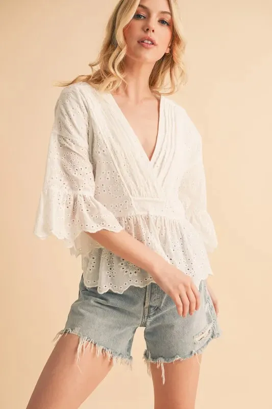 White Eyelet Flounce Sleeve Peplum Top – Feminine Cotton Blouse