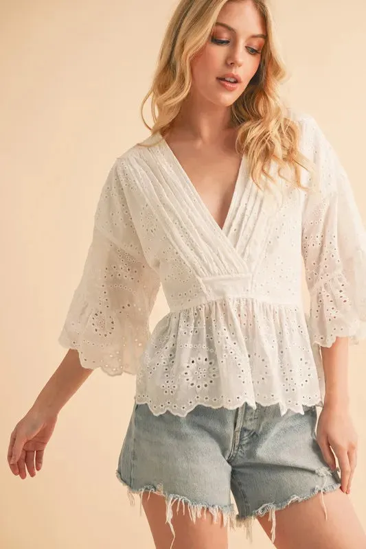 White Eyelet Flounce Sleeve Peplum Top – Feminine Cotton Blouse
