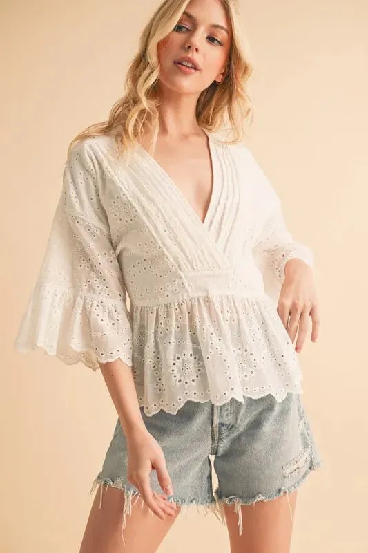 White Eyelet Flounce Sleeve Peplum Top – Feminine Cotton Blouse