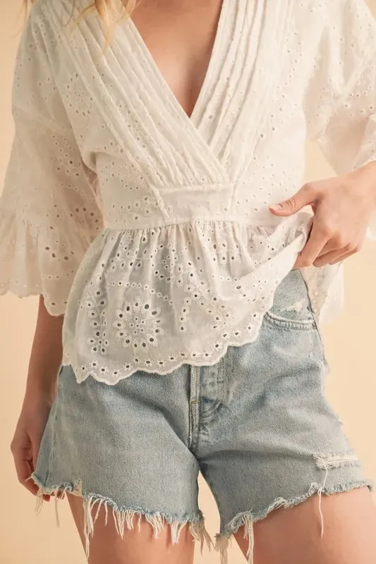 White Eyelet Flounce Sleeve Peplum Top – Feminine Cotton Blouse