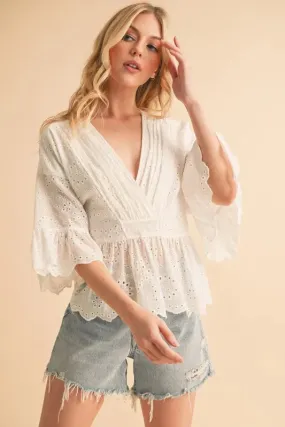 White Eyelet Flounce Sleeve Peplum Top – Feminine Cotton Blouse