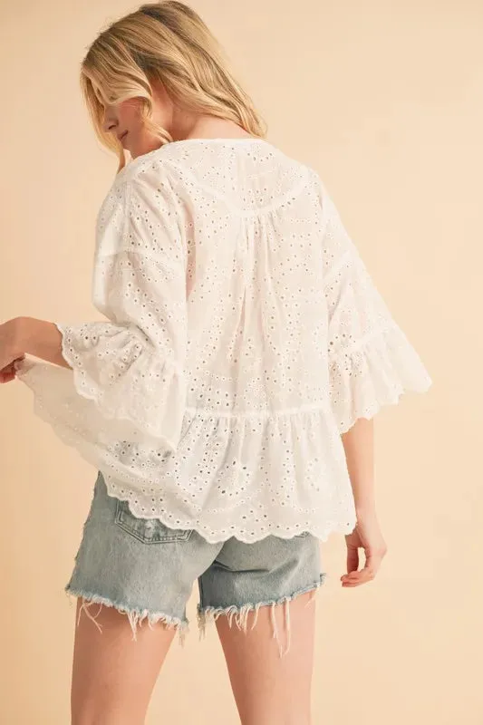 White Eyelet Flounce Sleeve Peplum Top – Feminine Cotton Blouse